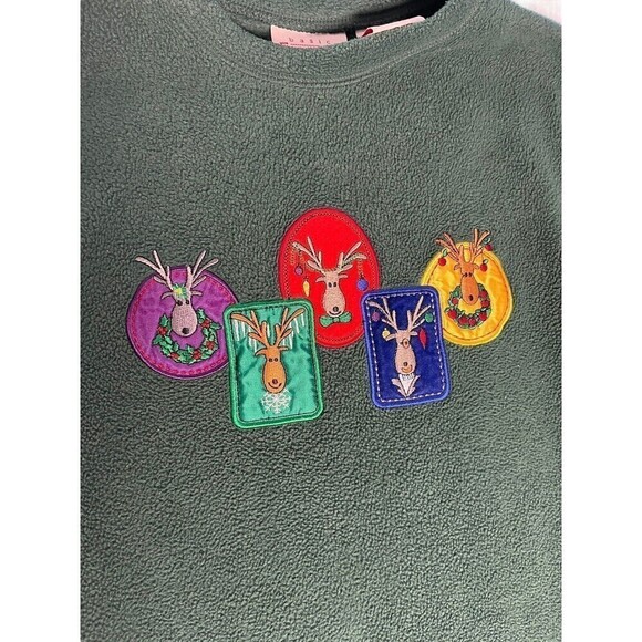 Basic Editions Women's Medium Sweater Cozy Fleece Green Reindeer Holiday - Picture 3 of 9